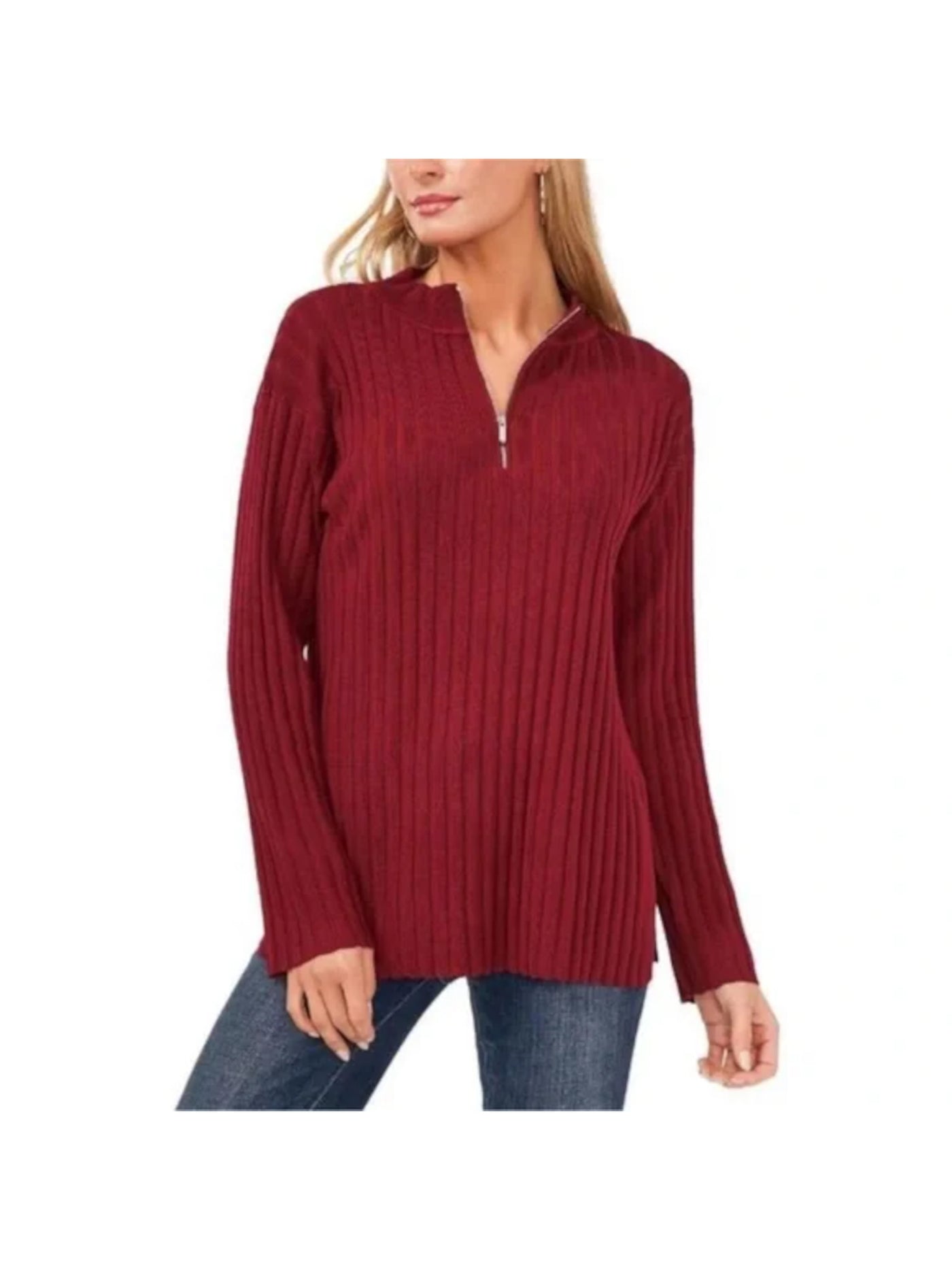 VINCE CAMUTO Womens Maroon Ribbed Quarter Zip Long Sleeve Mock Neck Sweater M