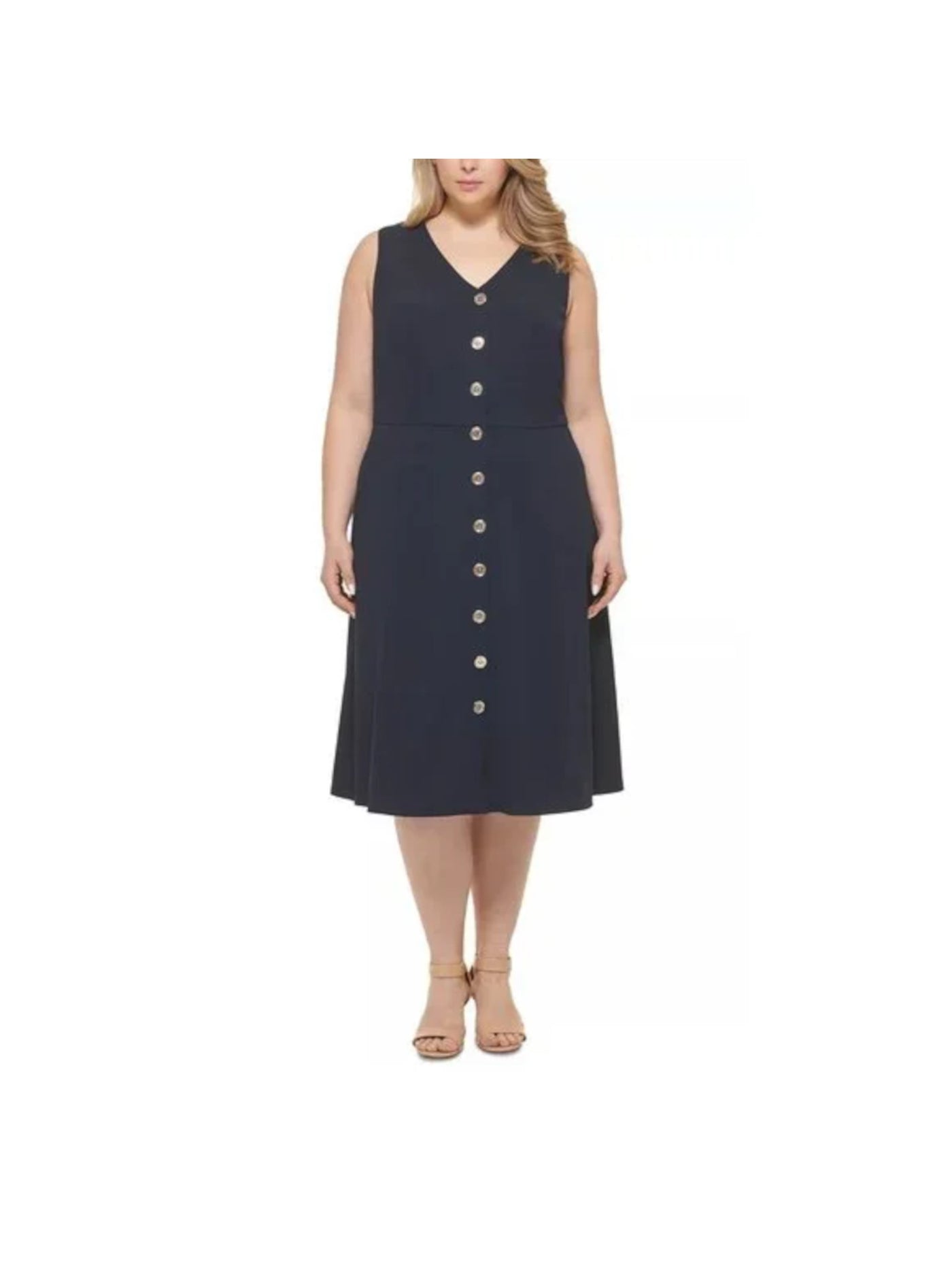 TOMMY HILFIGER Womens Navy Stretch Zippered Button Front Lined Bodice Sleeveless V Neck Midi Fit + Flare Dress Plus 22W