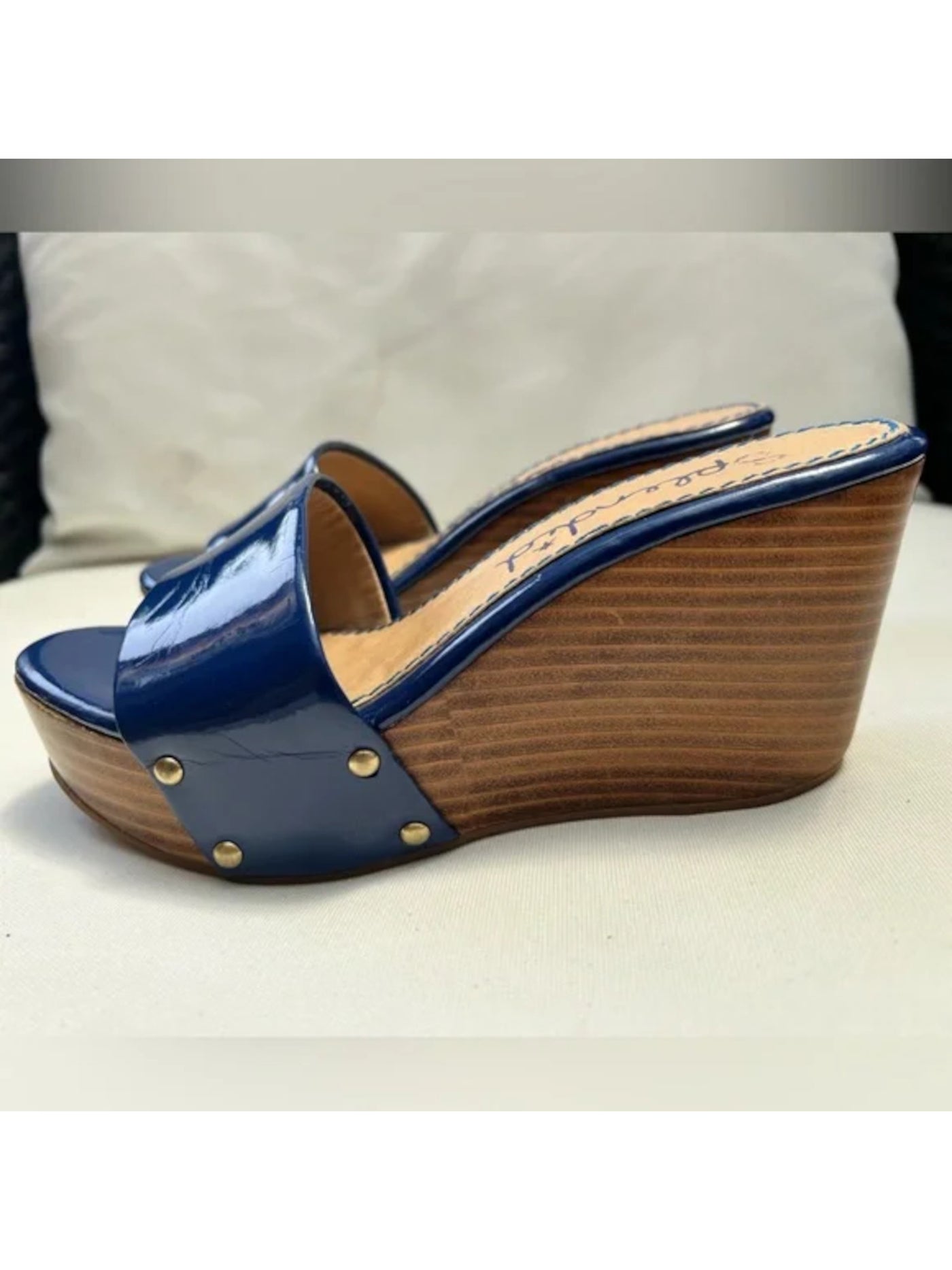 SPLENDID Womens Blue 1-1/2" Platform Studded Greenville Round Toe Wedge Slip On Heeled Sandal 5.5 M