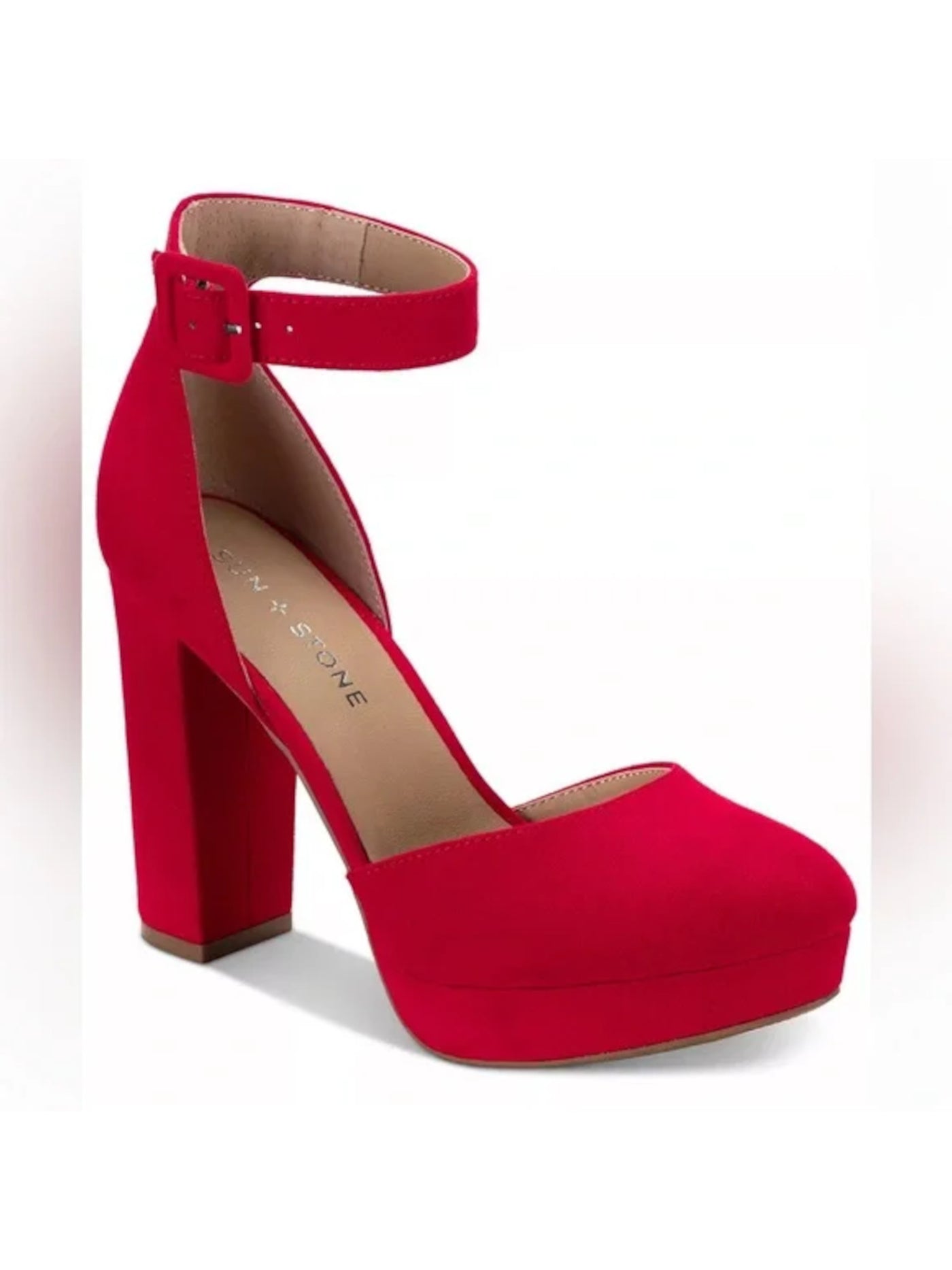 SUN STONE Womens Red 1" Platform Padded Adjustable Ankle Strap Estrella Round Toe Block Heel Buckle Dress Pumps Shoes 10 M