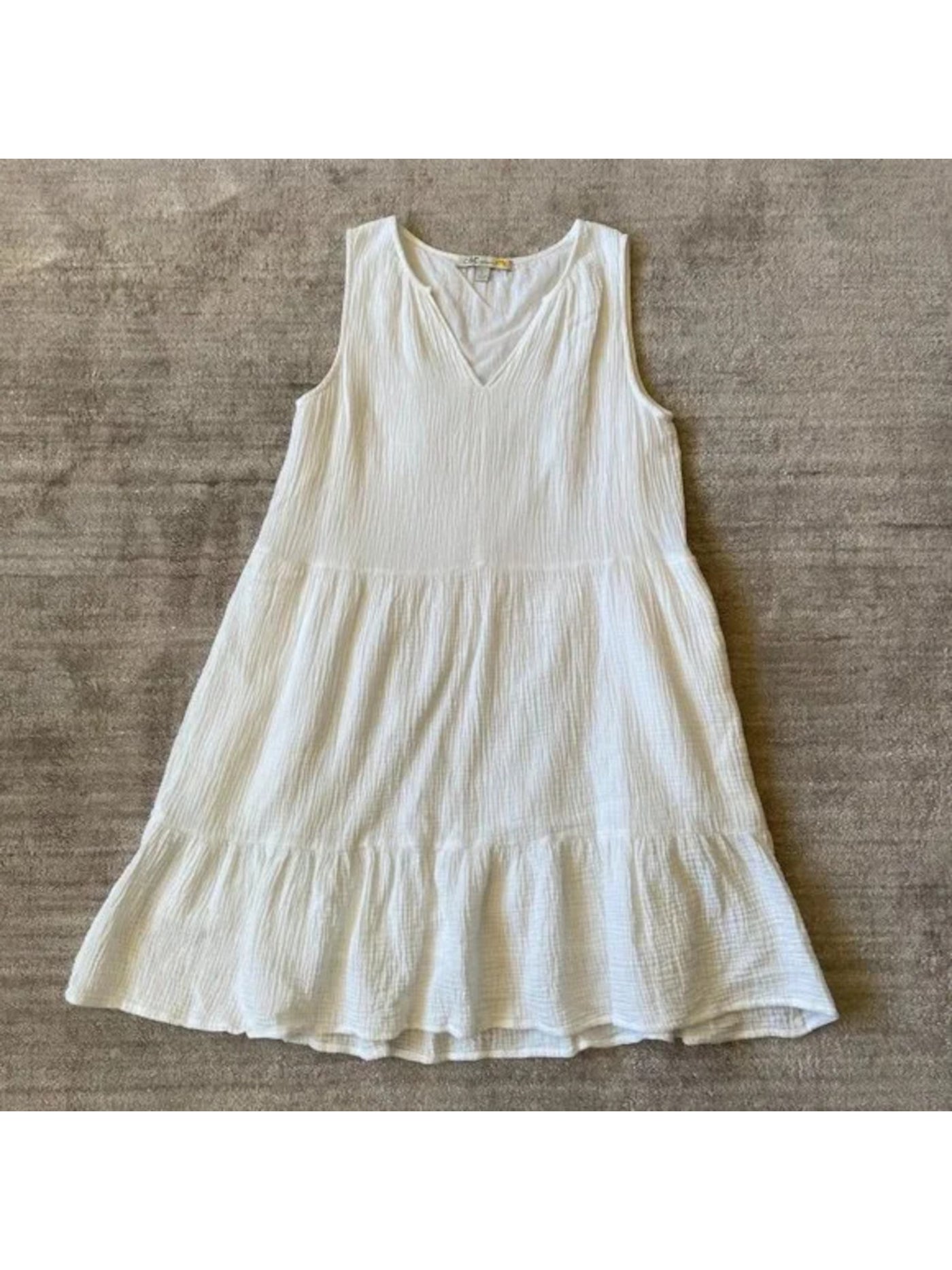 C AND C CALIFORNIA Womens White Textured Lined Tiered Sleeveless V Neck Below The Knee Shift Dress S