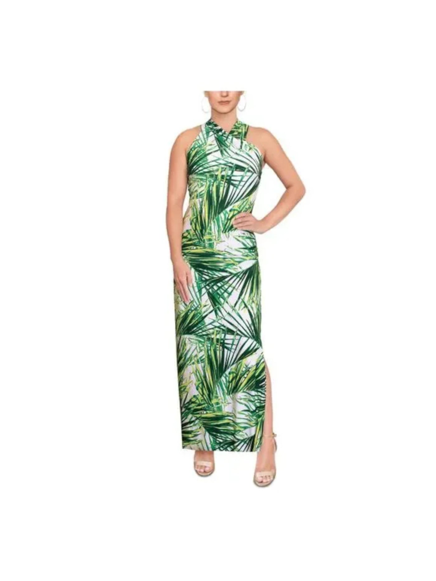 Rachel Rachel ROY Womens White Zippered Pleated Crossover Slit Back Lined Printed Sleeveless Halter Maxi Cocktail Sheath Dress S Rachel Rachel ROY Womens White Zippered Pleated Crossover Slit Back Lined Printed Sleeveless Halter Maxi Cocktail Sheath Dress S