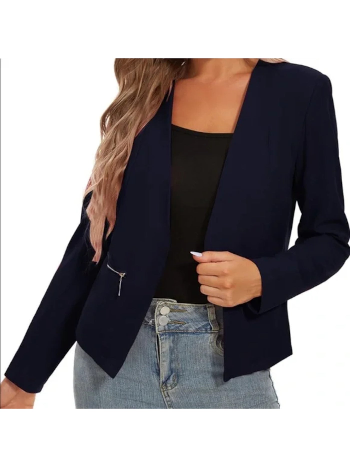 EXPRESS Womens Navy Open Front Lined Zippered Pockets Asymmetrical Wear To Work Blazer Jacket 00