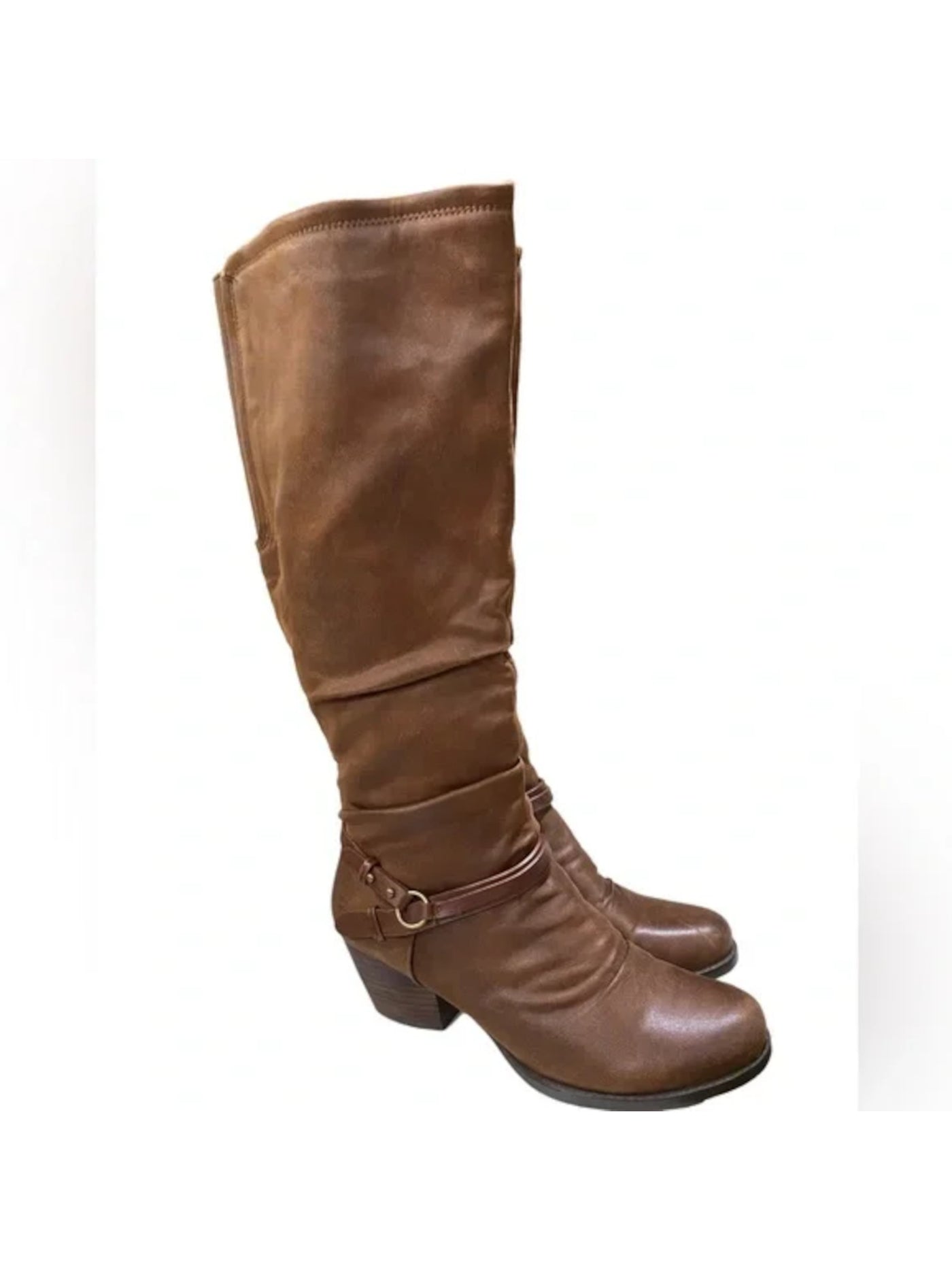 BARETRAPS Womens Brown O'ring Ankle Strap Goring Lightweight Flexible Ruched Padded Roz Almond Toe Block Heel Zip-Up Slouch Boot 6.5 M