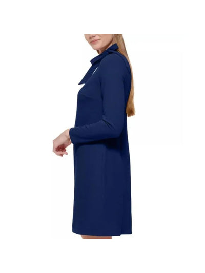 CALVIN KLEIN Womens Navy Zippered Unlined Bow Accent Long Sleeve Mock Neck Above The Knee Wear To Work Sheath Dress 2