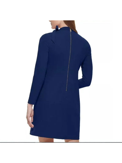 CALVIN KLEIN Womens Navy Zippered Unlined Bow Accent Long Sleeve Mock Neck Above The Knee Wear To Work Sheath Dress 2