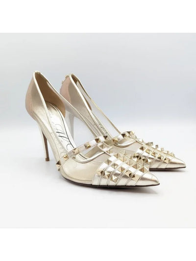 VALENTINO GARAVANI Womens Gold Mixed Media Studded Padded Rockstud Alcove Pointed Toe Stiletto Slip On Pumps Shoes 41