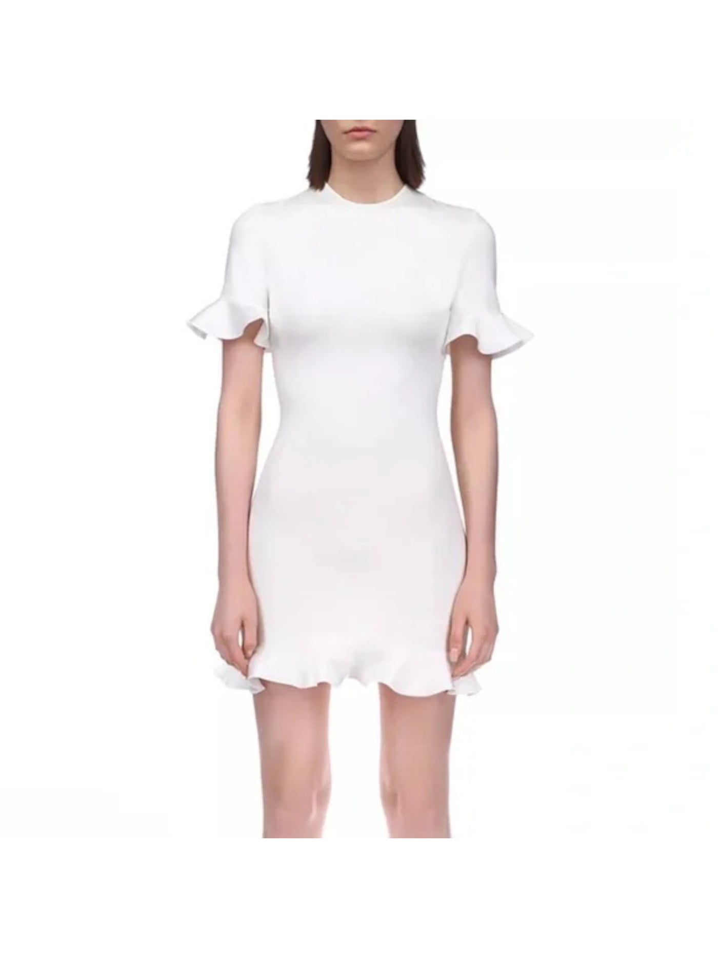 David Koma Womens White Ruffled Zippered Cut Out Back Short Sleeve Round Neck Mini Party Sheath Dress