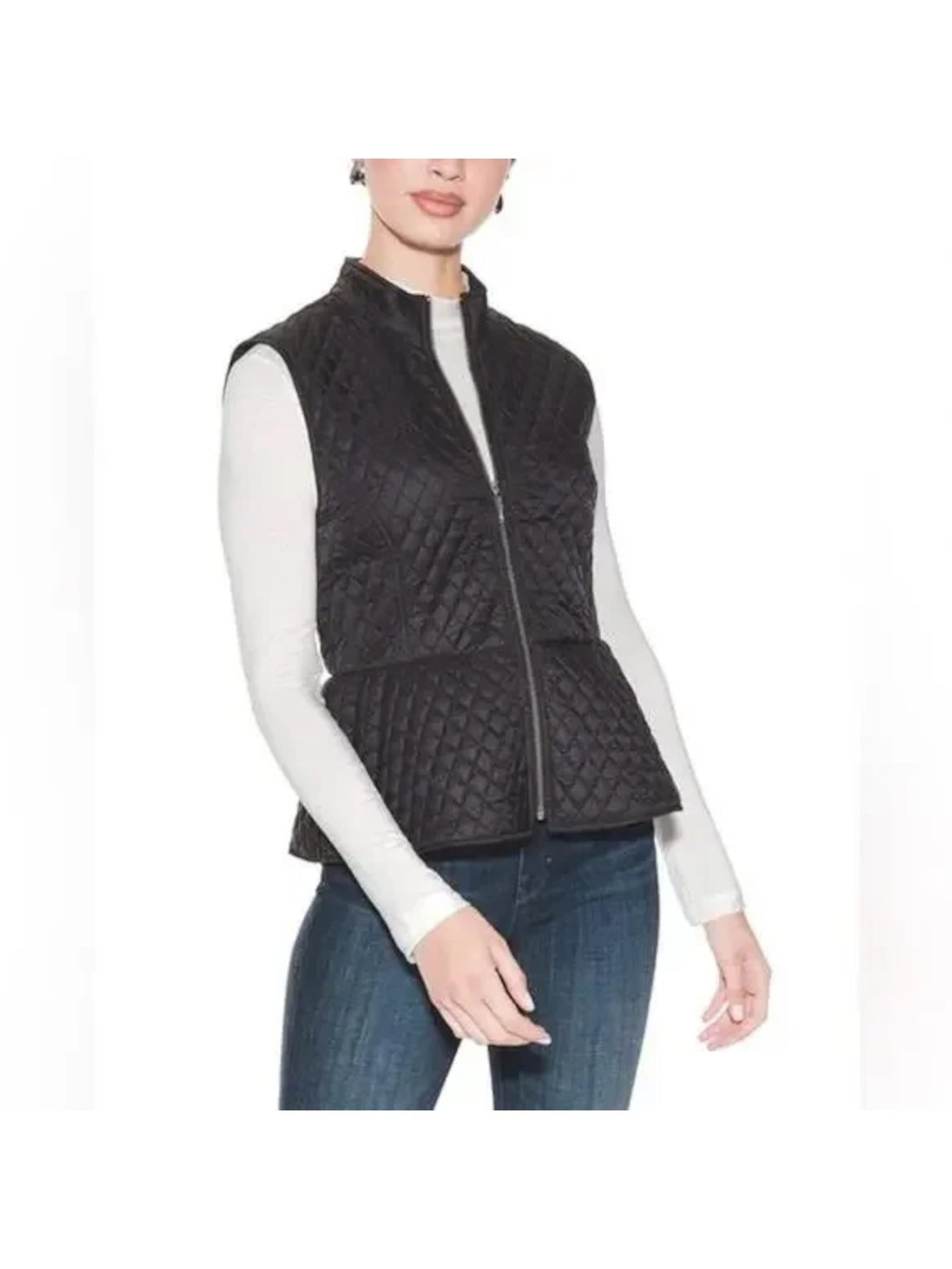 WHITE HOUSE BLACK MARKET Womens Black Zippered Lined Peplum Quilted Vest Jacket L