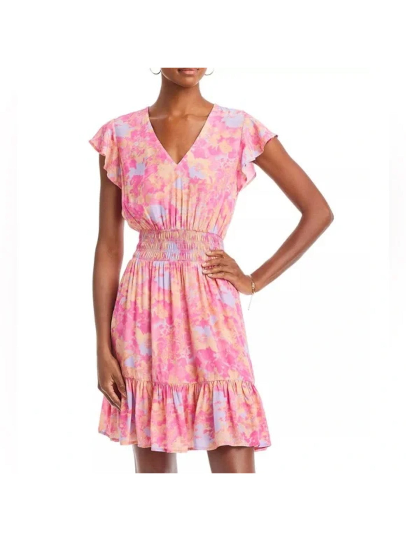 RAILS Womens Pink Floral Flutter Sleeve V Neck Above The Knee Blouson Dress L