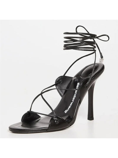 ALEXANDER WANG Womens Black Ankle Wrap Tie With Logo Embellishments Strappy Padded Lucienne 105 Open Toe Stiletto Lace-Up Leather Heeled Sandal 37.5