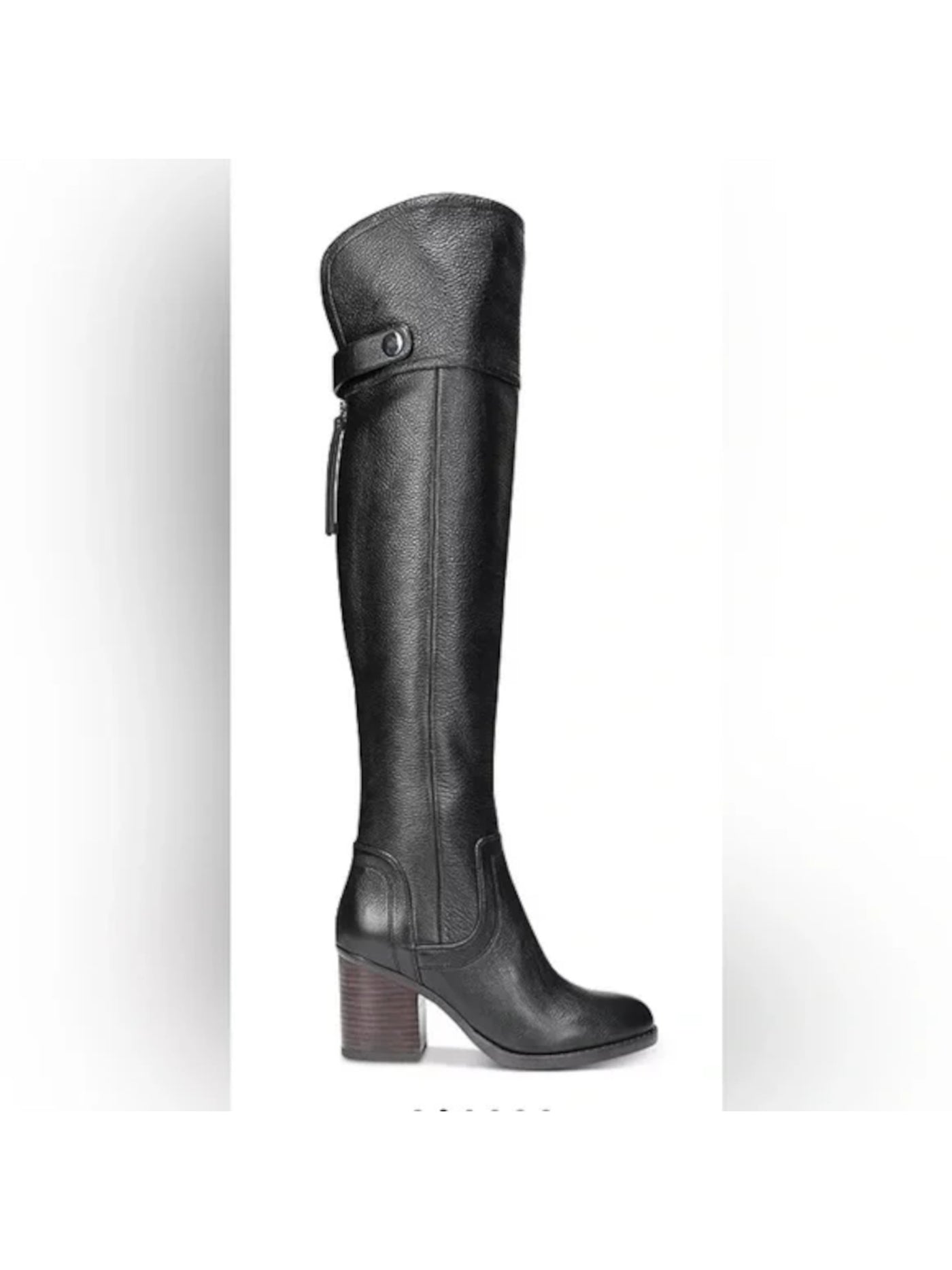 FRANCO SARTO Womens Black Stretch Knee Strap Padded Wide Calf Ollie Almond Toe Stacked Heel Zip-Up Leather Boots Shoes 7.5 M WC