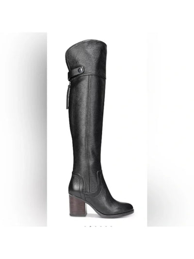 FRANCO SARTO Womens Black Stretch Knee Strap Padded Wide Calf Ollie Almond Toe Stacked Heel Zip-Up Leather Boots Shoes 7.5 M WC