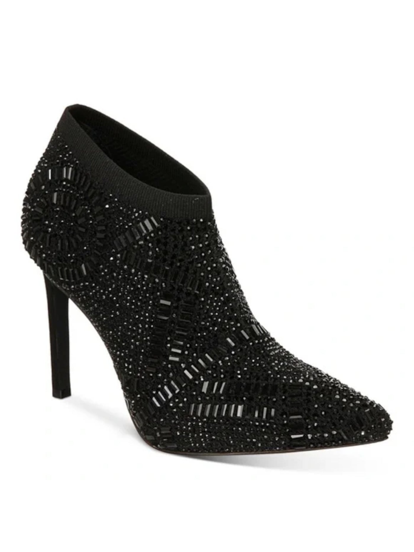 THALIA SODI Womens Black Stretch Knit Rhinestone Cushioned Karmen Pointed Toe Stiletto Slip On Dress Booties 7.5 M