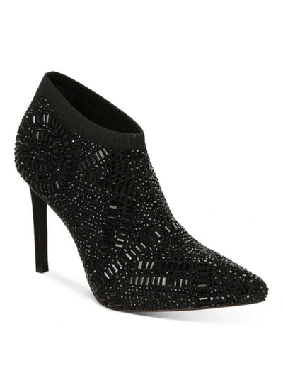 THALIA SODI Womens Black Stretch Knit Rhinestone Cushioned Karmen Pointed Toe Stiletto Slip On Dress Booties 7.5 M