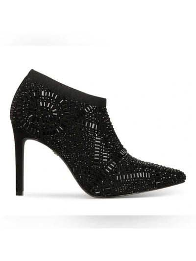 THALIA SODI Womens Black Stretch Knit Rhinestone Cushioned Karmen Pointed Toe Stiletto Slip On Dress Booties 7.5 M