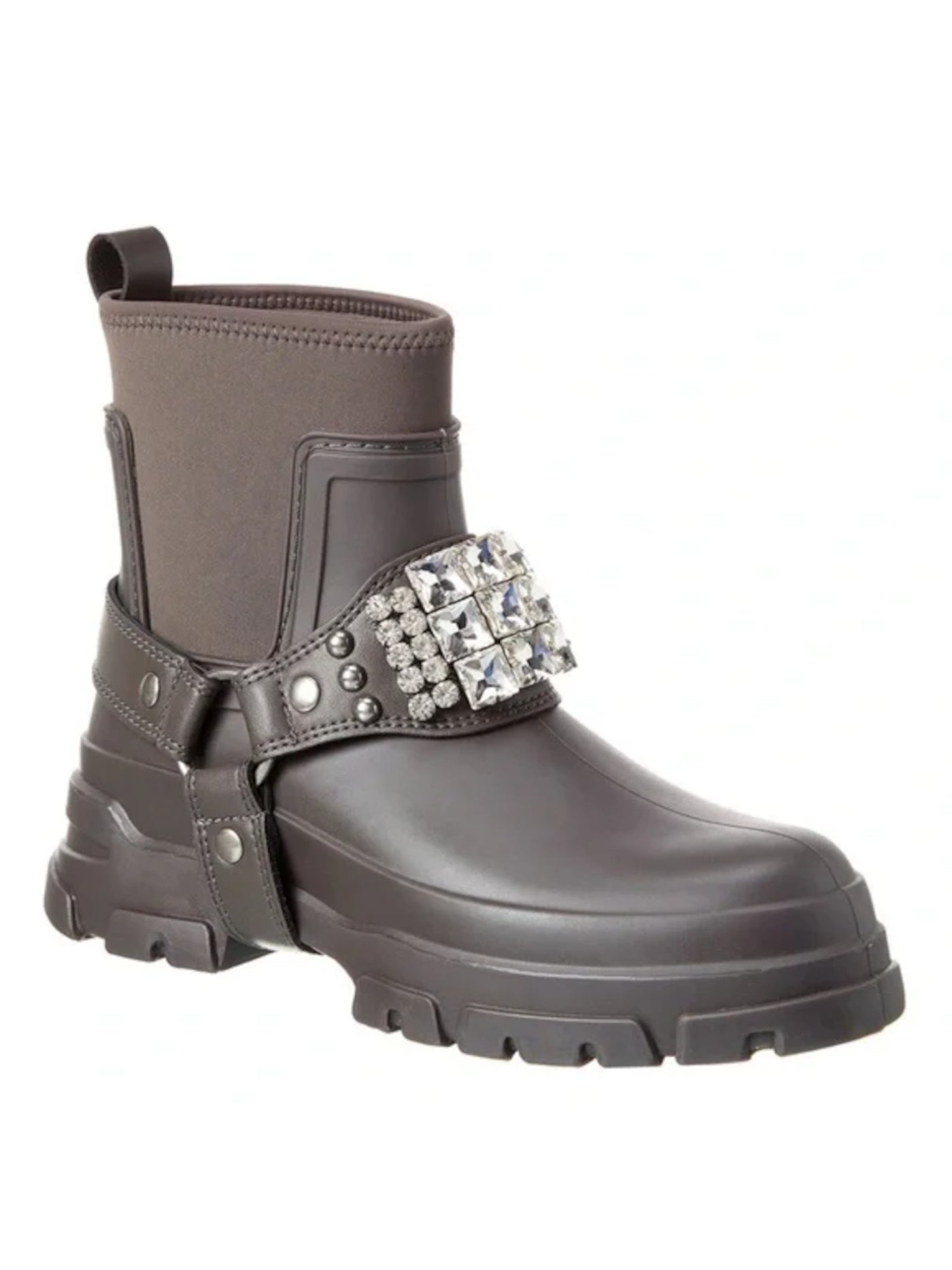 KARL LAGERFELD PARIS Womens Gray 1" Platform Harness Straps Lug-Sole Heel Pull-Tab Embellished Padded Rylie Almond Toe Block Heel Rain Boots 9