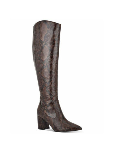 MARC FISHER Womens Brown Snake Print Cushioned Asymmetrical Retie Pointed Toe Block Heel Zip-Up Dress Boots 7 M