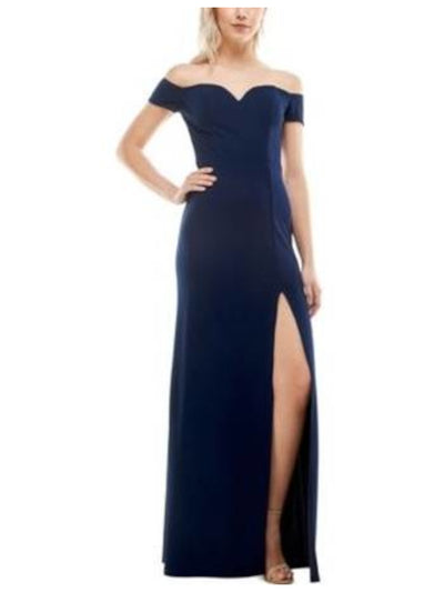 B DARLIN Womens Navy Slitted Zippered Short Sleeve Off Shoulder Full-Length Formal Sheath Dress 1\2