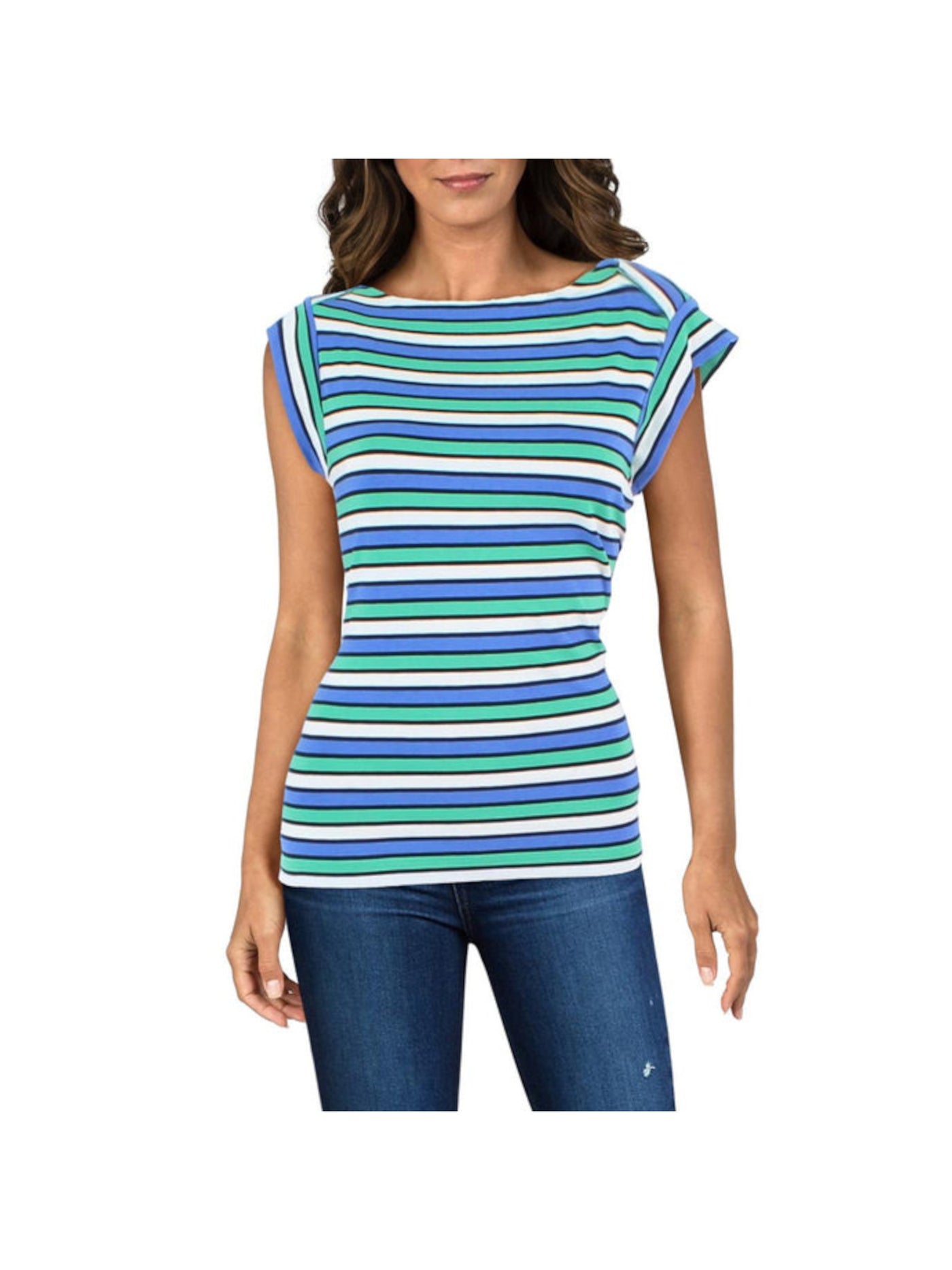 ANNE KLEIN Womens Blue Striped Cap Sleeve Boat Neck T-Shirt Plus 2X