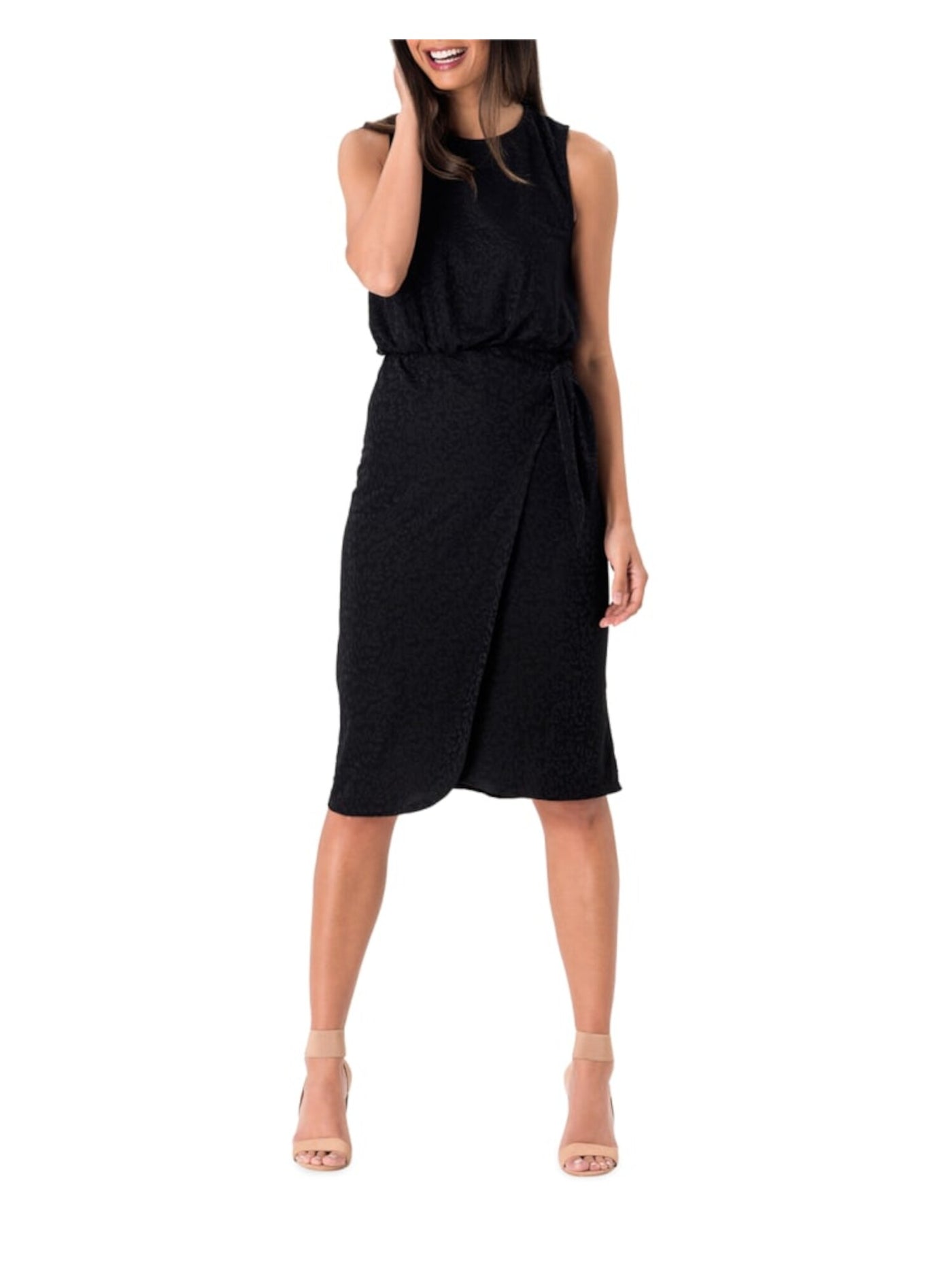 LEOTA Womens Stretch Textured Tie Faux Wrap Skirt Sleeveless Jewel Neck Below The Knee Sheath Dress