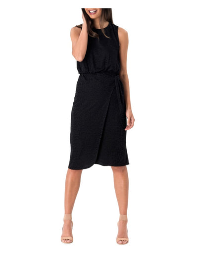 LEOTA Womens Black Stretch Textured Tie Faux Wrap Skirt Sleeveless Jewel Neck Below The Knee Sheath Dress XXL