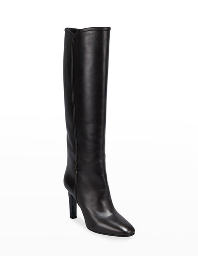 SAINT LAURENT Womens Black Logo Jane Square Toe Stacked Heel Leather Heeled Boots