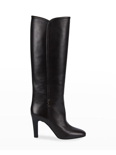 SAINT LAURENT Womens Black Logo Jane Square Toe Stacked Heel Leather Heeled Boots 38