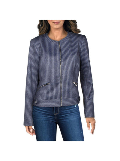 TOMMY HILFIGER Womens Blue Zippered Pocketed Lined Fitted Pinstripe Long Sleeve Collarless Wear To Work Blazer Jacket 16