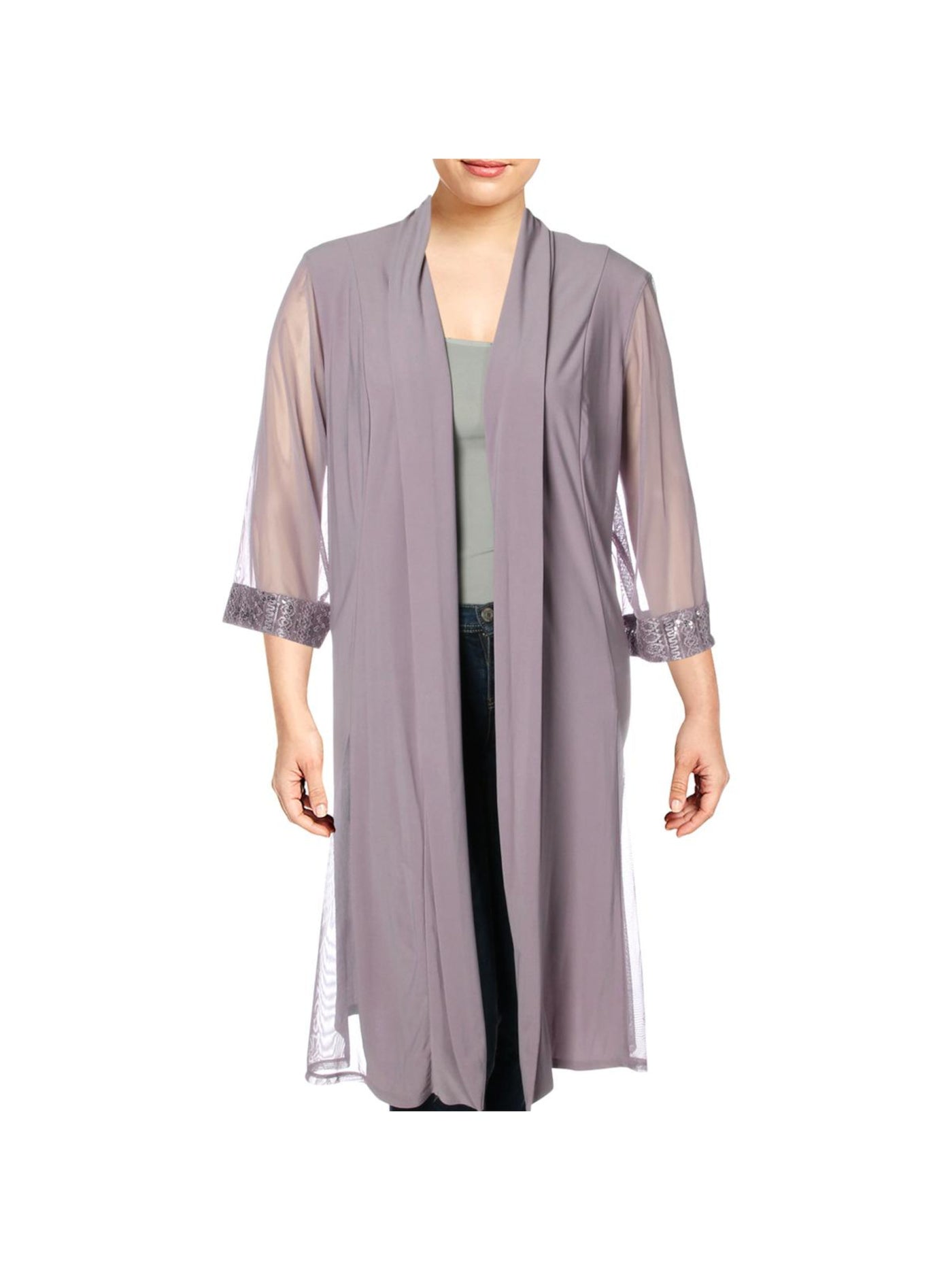 R&M RICHARDS WOMAN Womens Purple Embellished Shawl Collar Illusion Insets 3/4 Sleeve Open Front Wear To Work Duster Cardigan Plus 14W