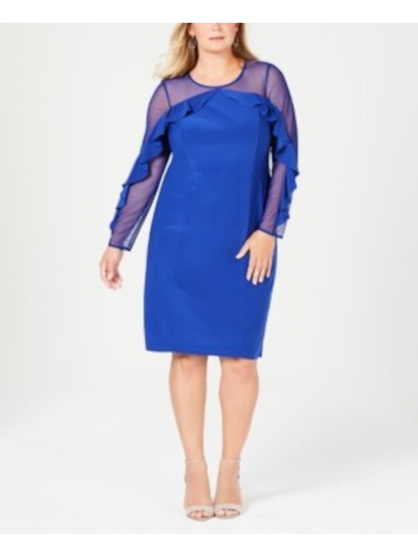 R&M RICHARDS Womens Blue Illusion Neckline Knee Length Evening Sheath Dress Plus 18W