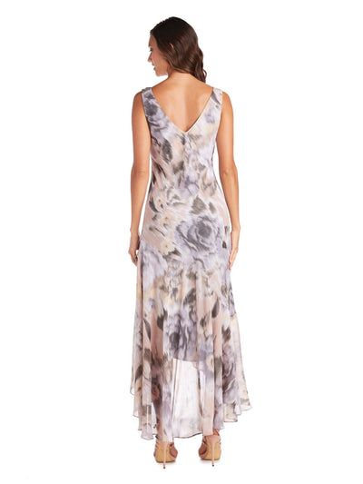 R&M RICHARDS Womens Beige Lined Printed Sleeveless V Neck Full-Length Party Hi-Lo Dress 16