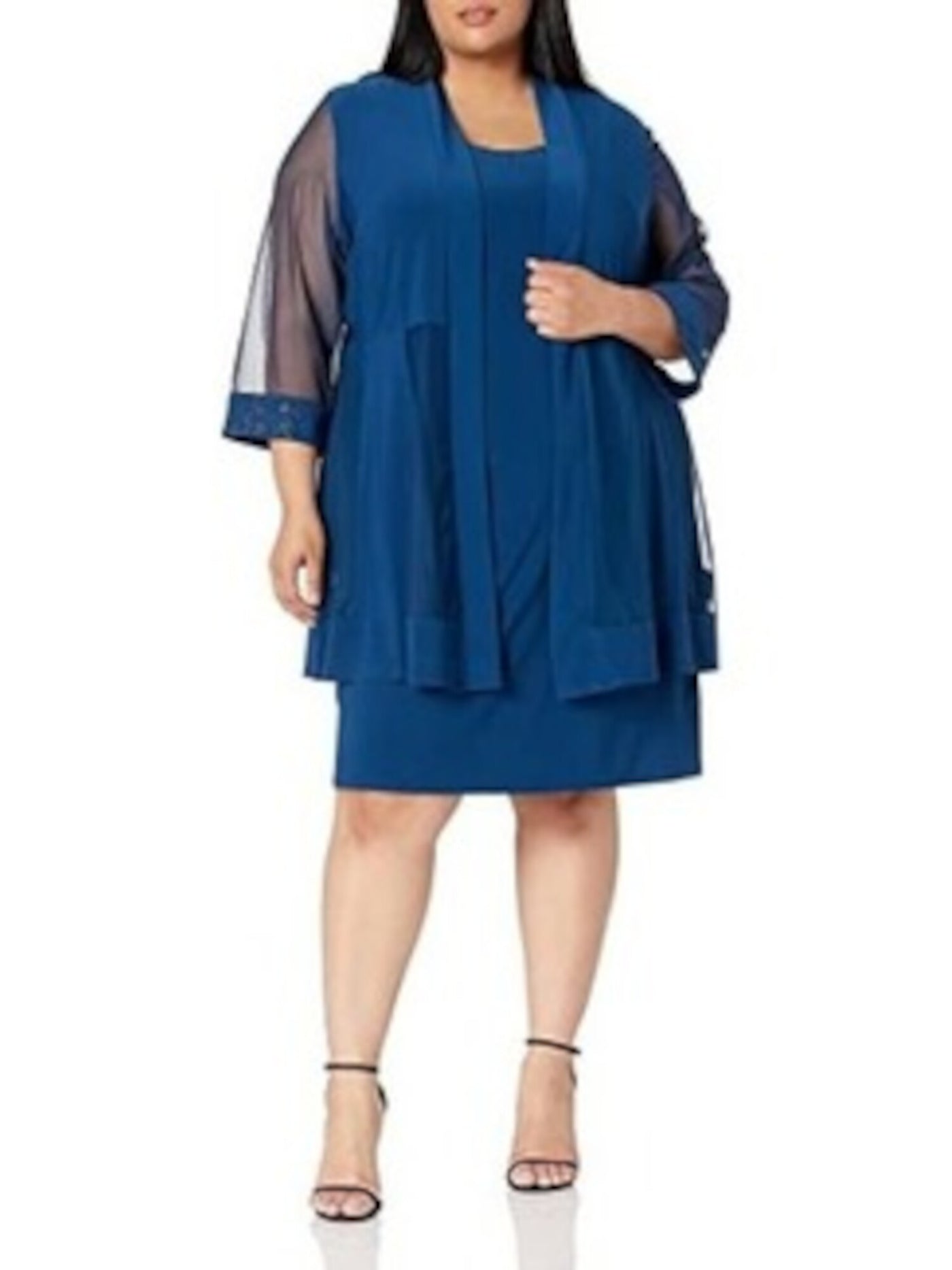 R&M RICHARDS WOMAN Womens Blue Embellished Sheer Godet Insets 3/4 Sleeve Open Front Wear To Work Duster Cardigan Plus 22W
