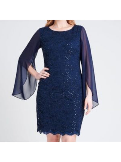CONNECTED APPAREL Womens Navy Stretch Lace Long Chiffon-sleeve Scoop Neck Above The Knee Evening Sheath Dress Plus 24W