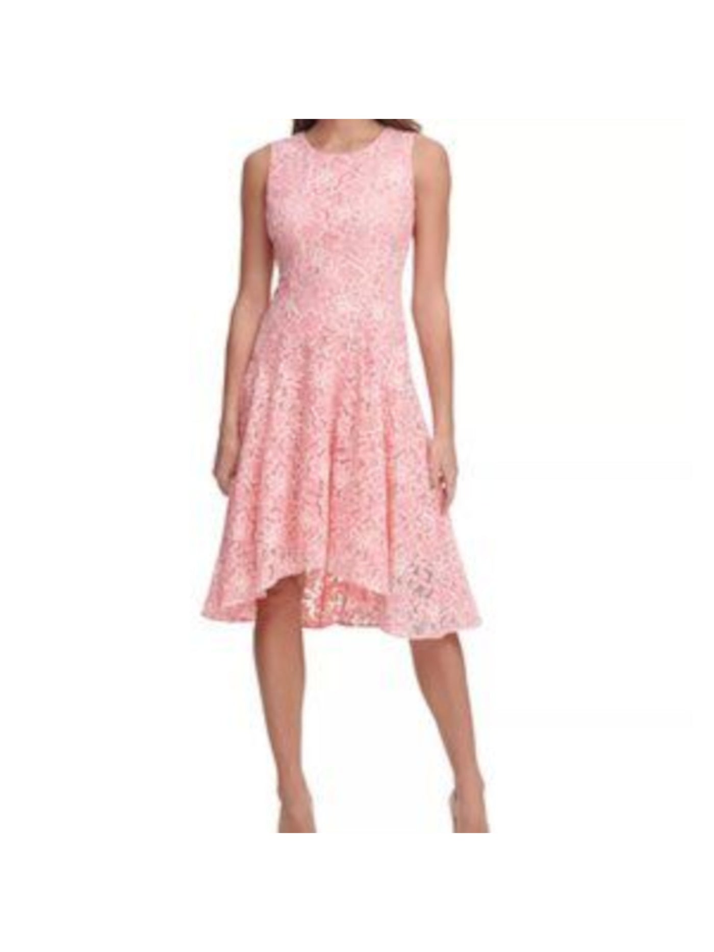 TOMMY HILFIGER Womens Coral Zippered Lace High-low Hem Floral Sleeveless Jewel Neck Below The Knee Evening Fit + Flare Dress 2
