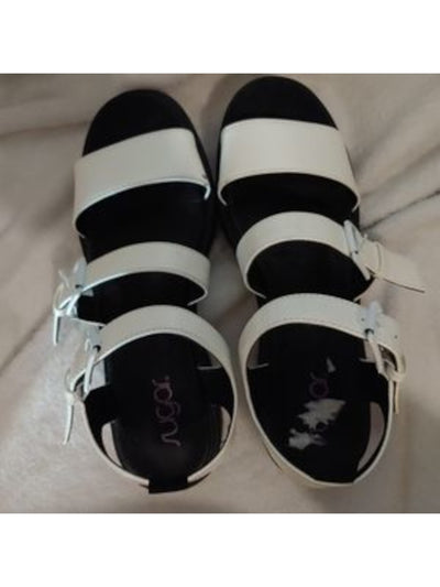 SUGAR Womens White 1" Platform Back Pull Tab Adjustable Strap Cushioned Indigo Round Toe Block Heel Buckle Sandals Shoes 7 M