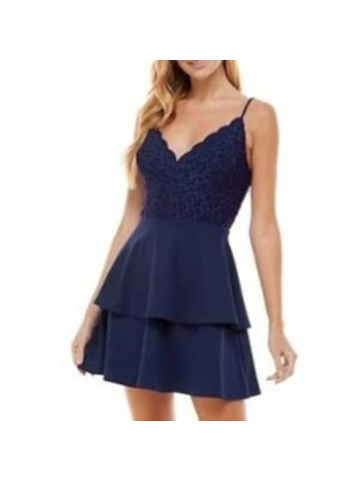 CITY STUDIO Womens Navy Stretch Zippered Darted Laced Back Glitter Sheer Spaghetti Strap V Neck Short Party Fit + Flare Dress 5