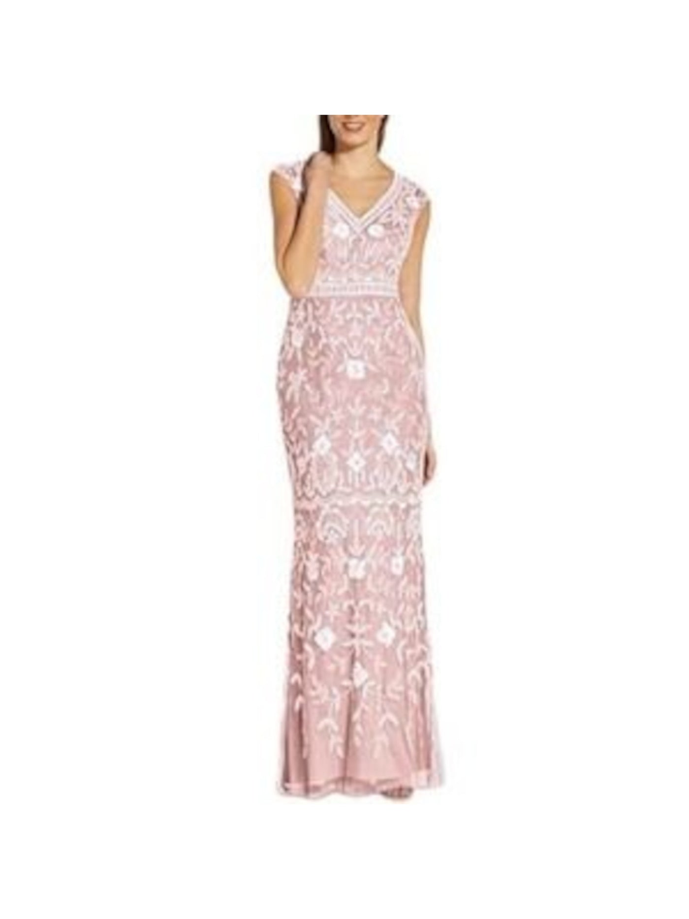ADRIANNA PAPELL Womens Pink Embellished Zippered Lined Cap Sleeve V Neck Full-Length Formal Mermaid Dress 2