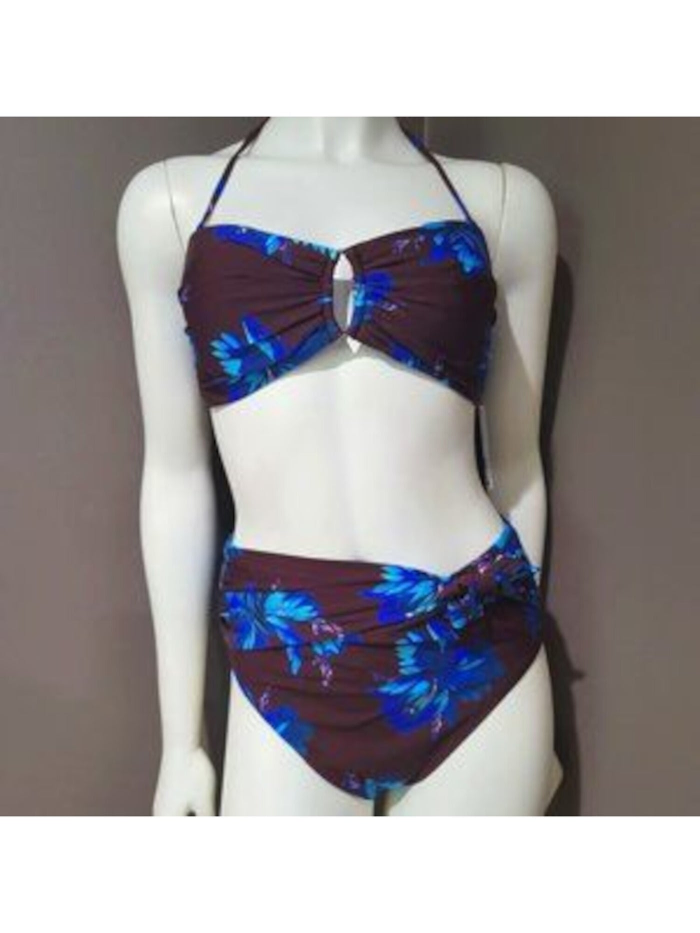 BCBG MAXAZRIA Women's Burgundy Floral Stretch Removable Soft Cups Cutout Convertible Bandeau Swimsuit Top 10