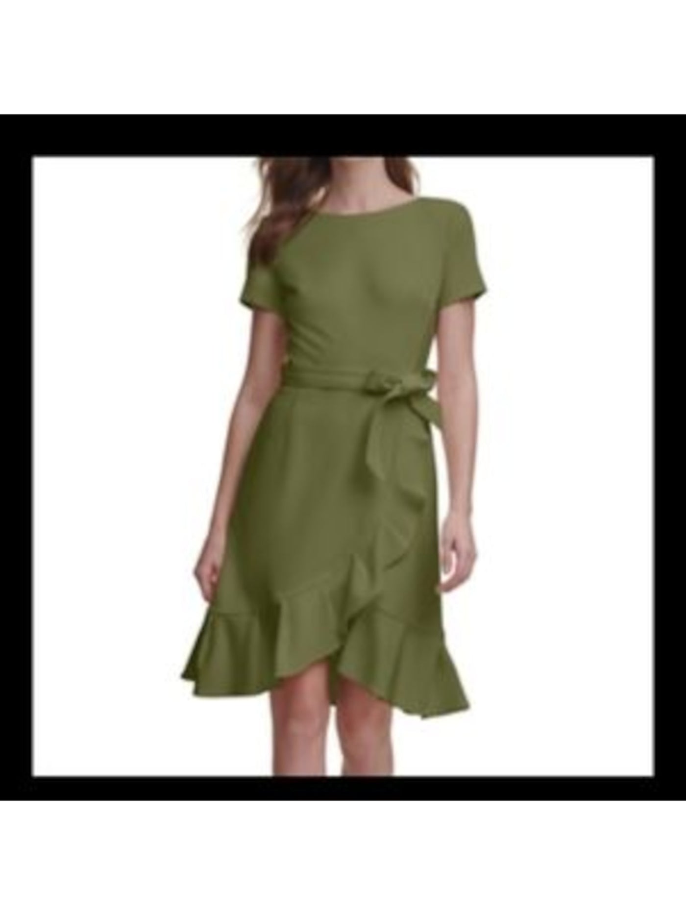 CALVIN KLEIN Womens Green Stretch Zippered Belted Ruffled Crepe Short Sleeve Round Neck Above The Knee Party Tulip Dress 4