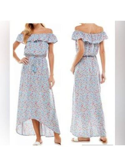 KINGSTON GREY Womens Light Blue Tie Ruched Hi-low Pullover Floral Off Shoulder Maxi Evening Fit + Flare Dress Juniors S