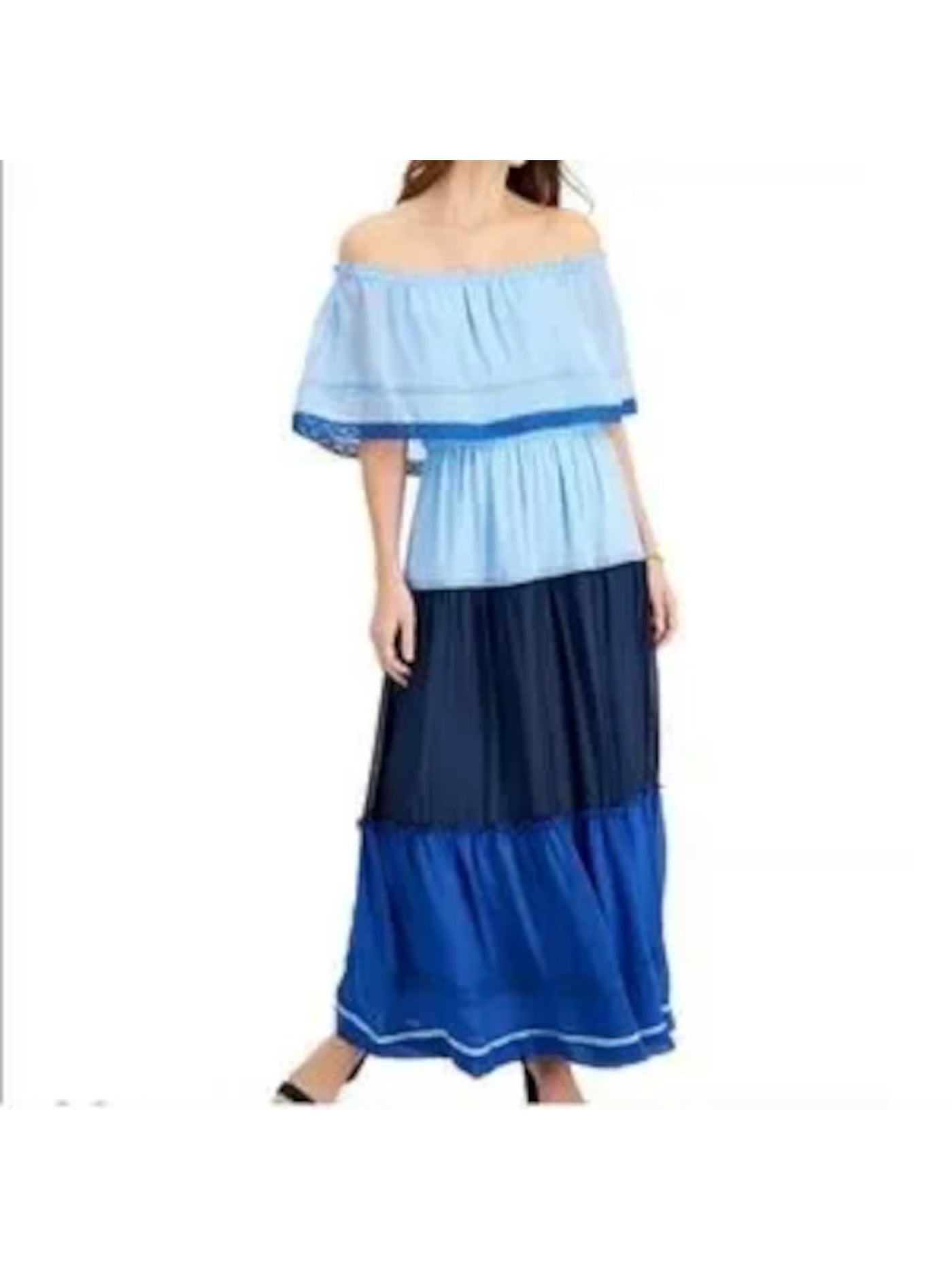 TAYLOR Womens Blue Ruched Embroidered Lined Sheer Top Overlay Color Block Off Shoulder Maxi Fit + Flare Dress 14