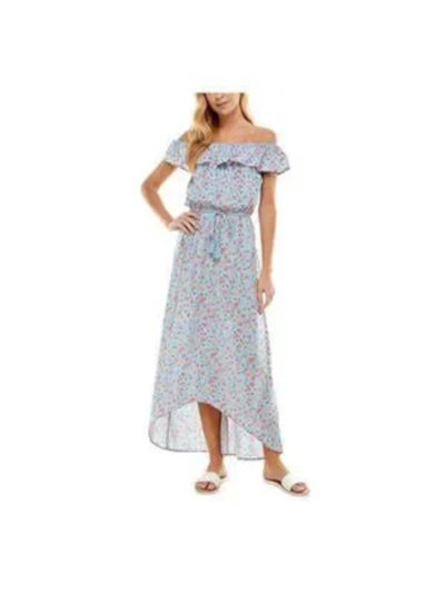 KINGSTON GREY Womens Light Blue Tie Ruched Hi-low Pullover Floral Off Shoulder Maxi Evening Fit + Flare Dress Juniors S