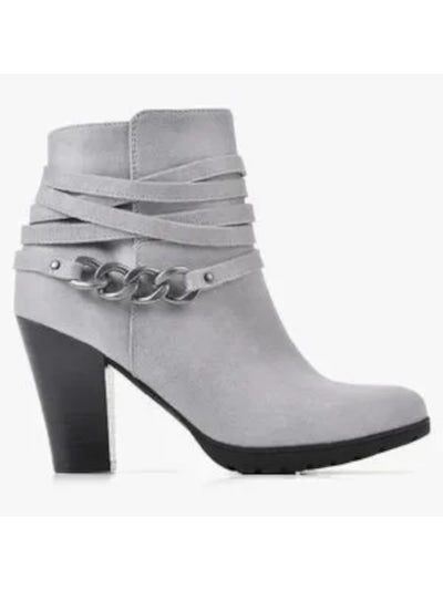 WHITE MOUNTAIN Womens Gray Chain Samuel Round Toe Stacked Heel Zip-Up Booties 8 M