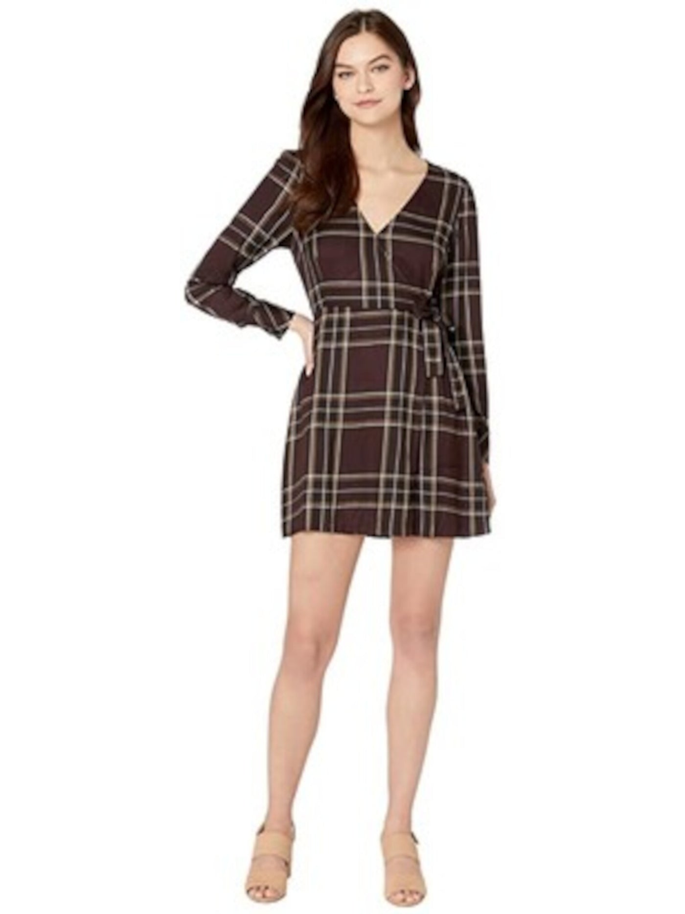 SANCTUARY Womens Brown Belted Plaid Long Sleeve V Neck Mini Wrap Dress 2