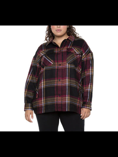 BLACK TAPE Womens Black Pocketed Vintage-inspired  Button Cuffs Plaid Long Sleeve Point Collar Button Down Jacket Plus 3X