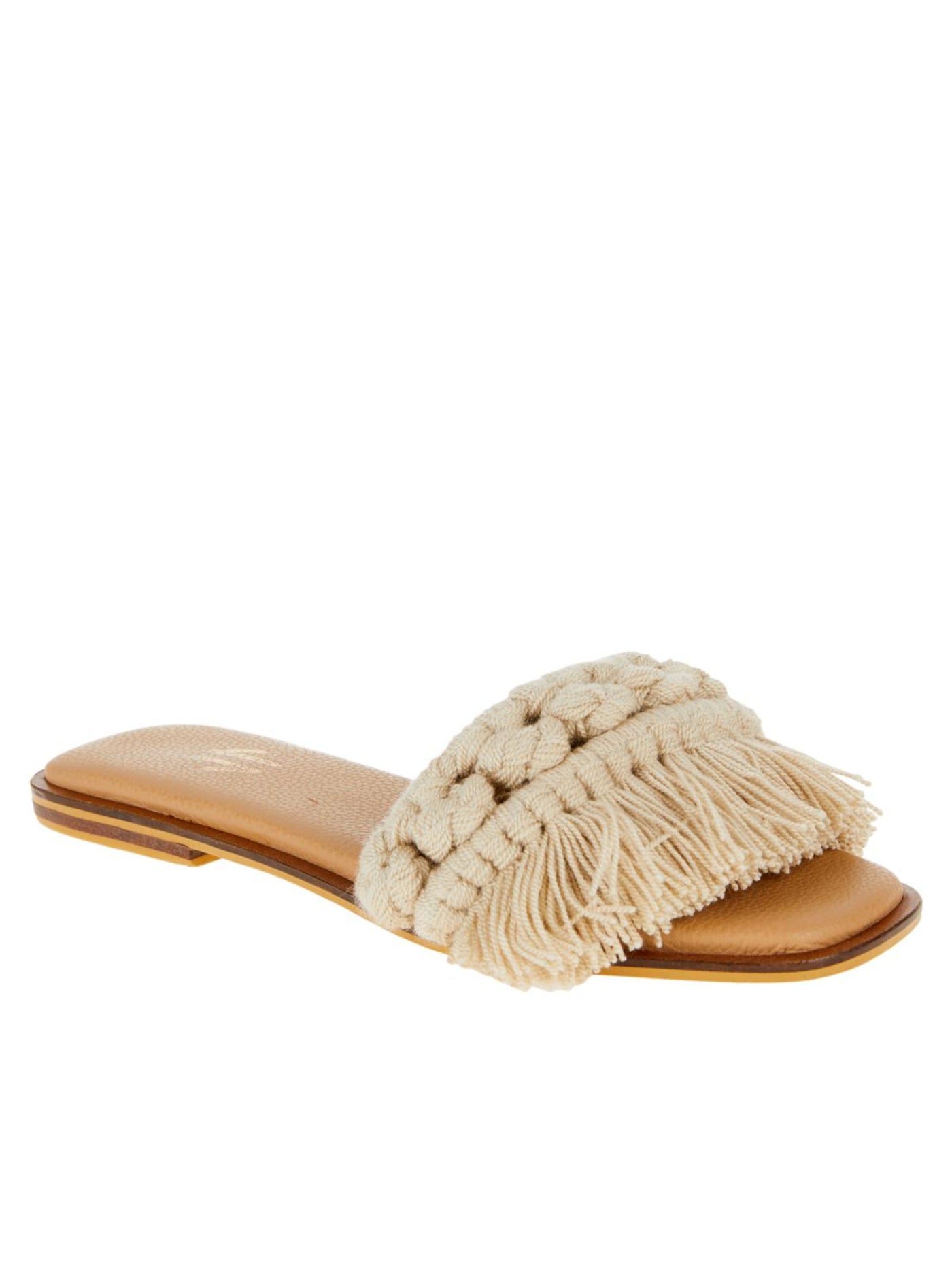 SILVIA COBOS Womens Beige Handmade Macrame Woven Fringed Candy Square Toe Slip On Leather Slide Sandals Shoes 7