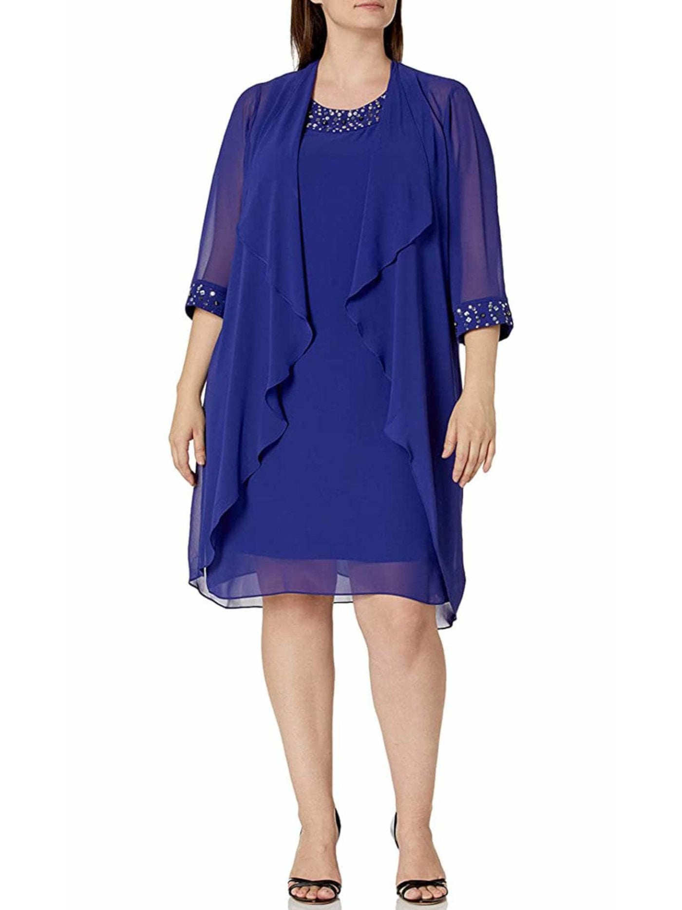 SLNY Womens Blue Sheer Embellished Draped 3/4 Sleeve Open Front Evening Duster Top Plus 20W