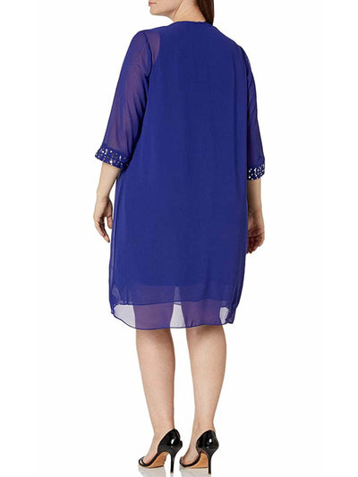 SLNY Womens Blue Sheer Embellished Draped 3/4 Sleeve Open Front Evening Duster Top Plus 20W
