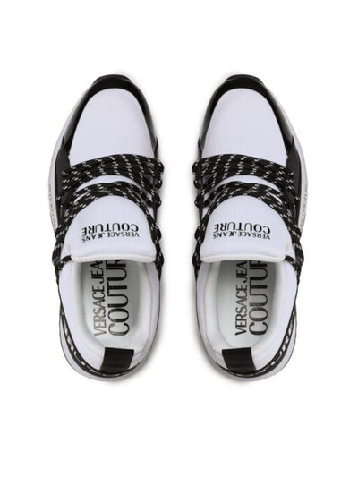 VERSACE JEANS COUTURE Mens White Colorblocked Stripe Heel Pull-Tab Logo Accent Straps Cushioned Treaded 76ya3sa3 Zs446 Bianco L02 Round Toe Wedge Lace-Up Sneakers Shoes 8.5